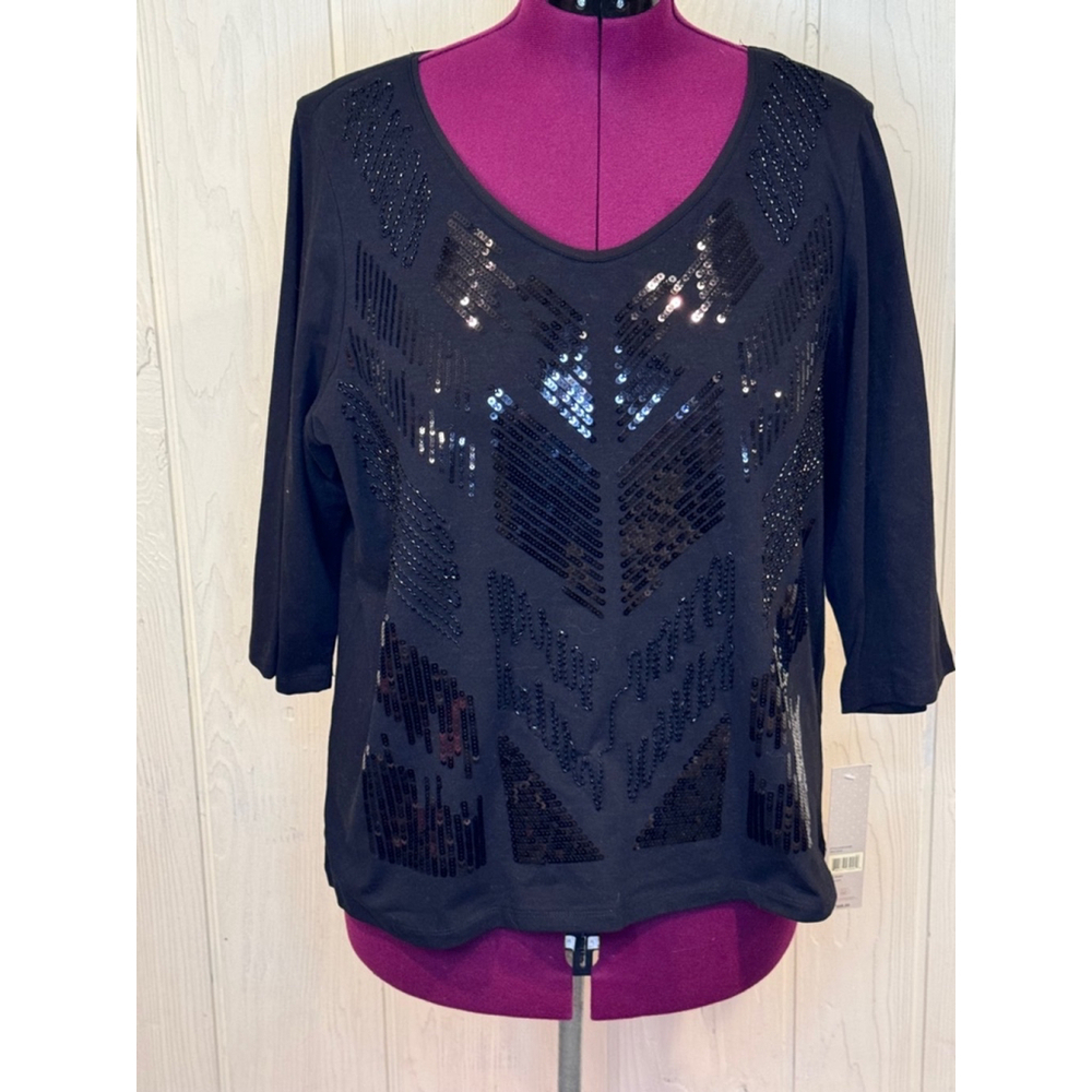 LAURA ASHLEY Sequins Knit 3/4 Sleeve Black Top Size 2X New with tags